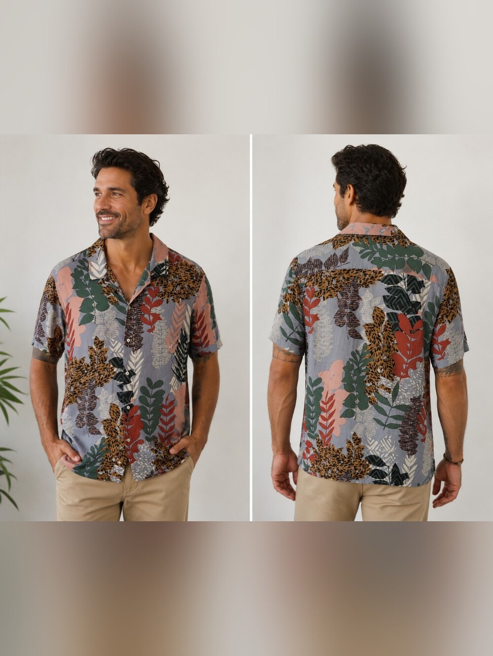 Denim & Flower Ricky Singh Tropical Botanical Camp Shirt Size Large 100% Viscose
